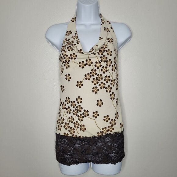 Vintage y2k wet seal tan brown lace floral halter going out top party medium - Picture 1 of 5